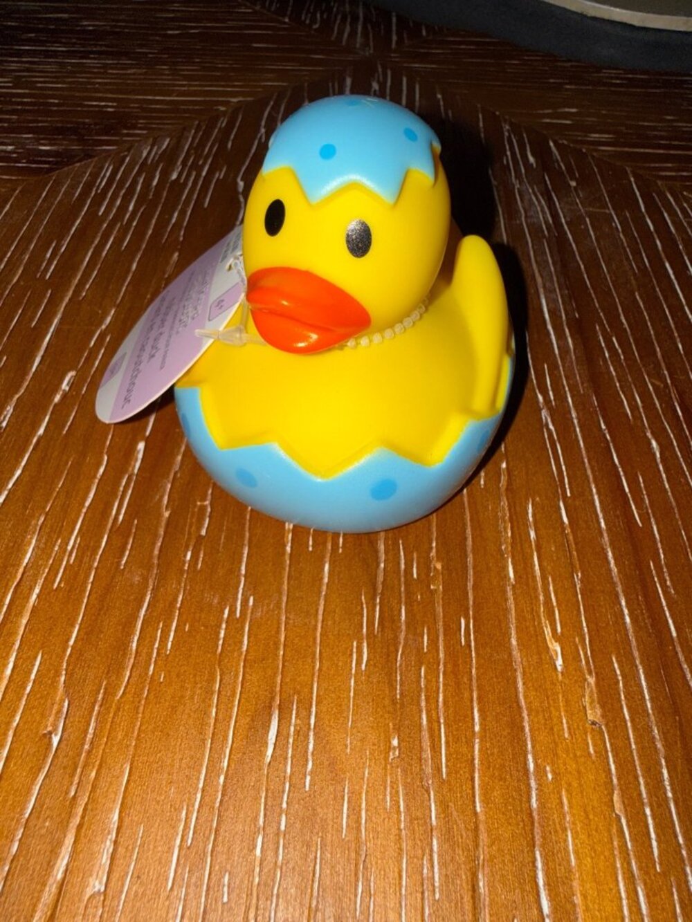 Yellow Rubber Duck Toy With Blue Polka Dot Eggshell Design Cute Bath Time Fun